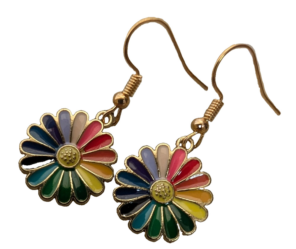 rainbow-striped enamel daisy/flower dangle earrings gold tone hook free shipping